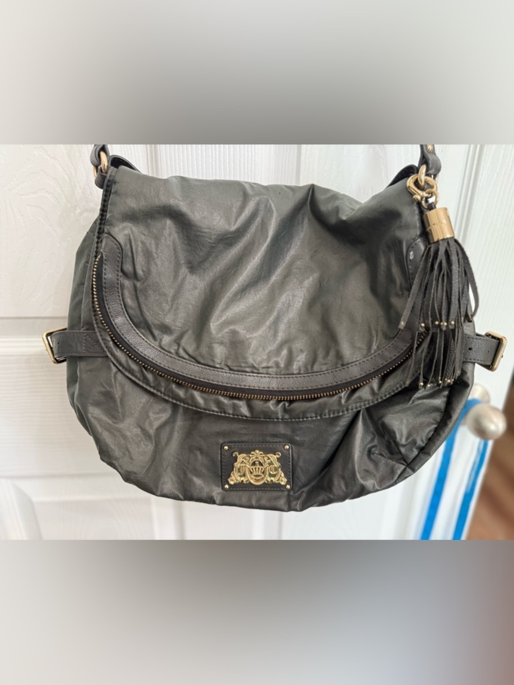 Juicy Couture Dark Olive Green Slouchy Hobo Bag Gold Crest Tassel Y2K Boho